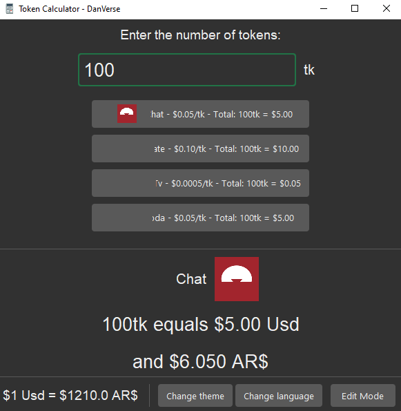Token Calculator reference screenshot