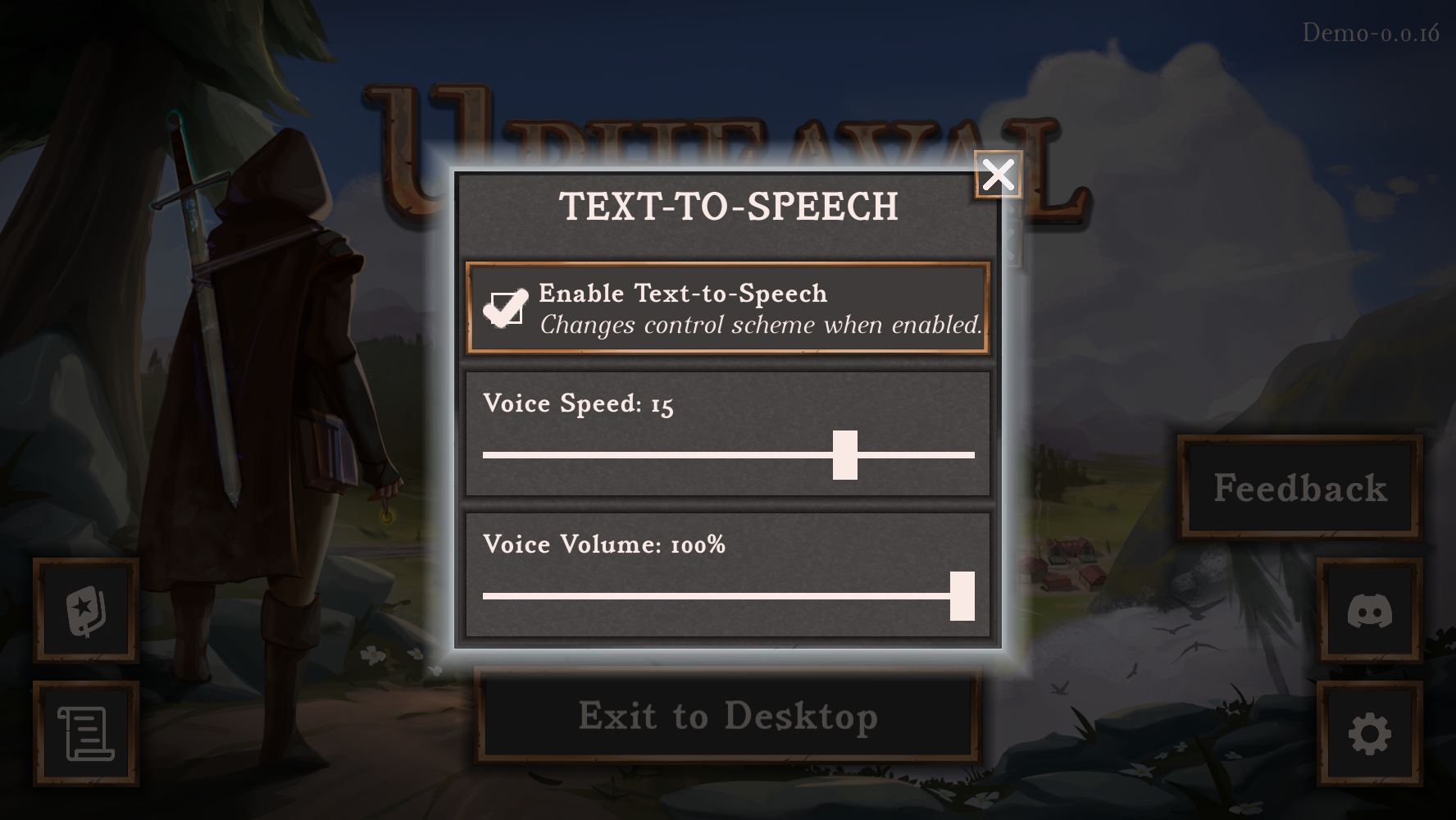 Screenshot of the text-to-speech settings menu in Upheaval that shows option to enable/disable text-to-speech as well as sliders to tweak the text-to-speech voice volume and speed