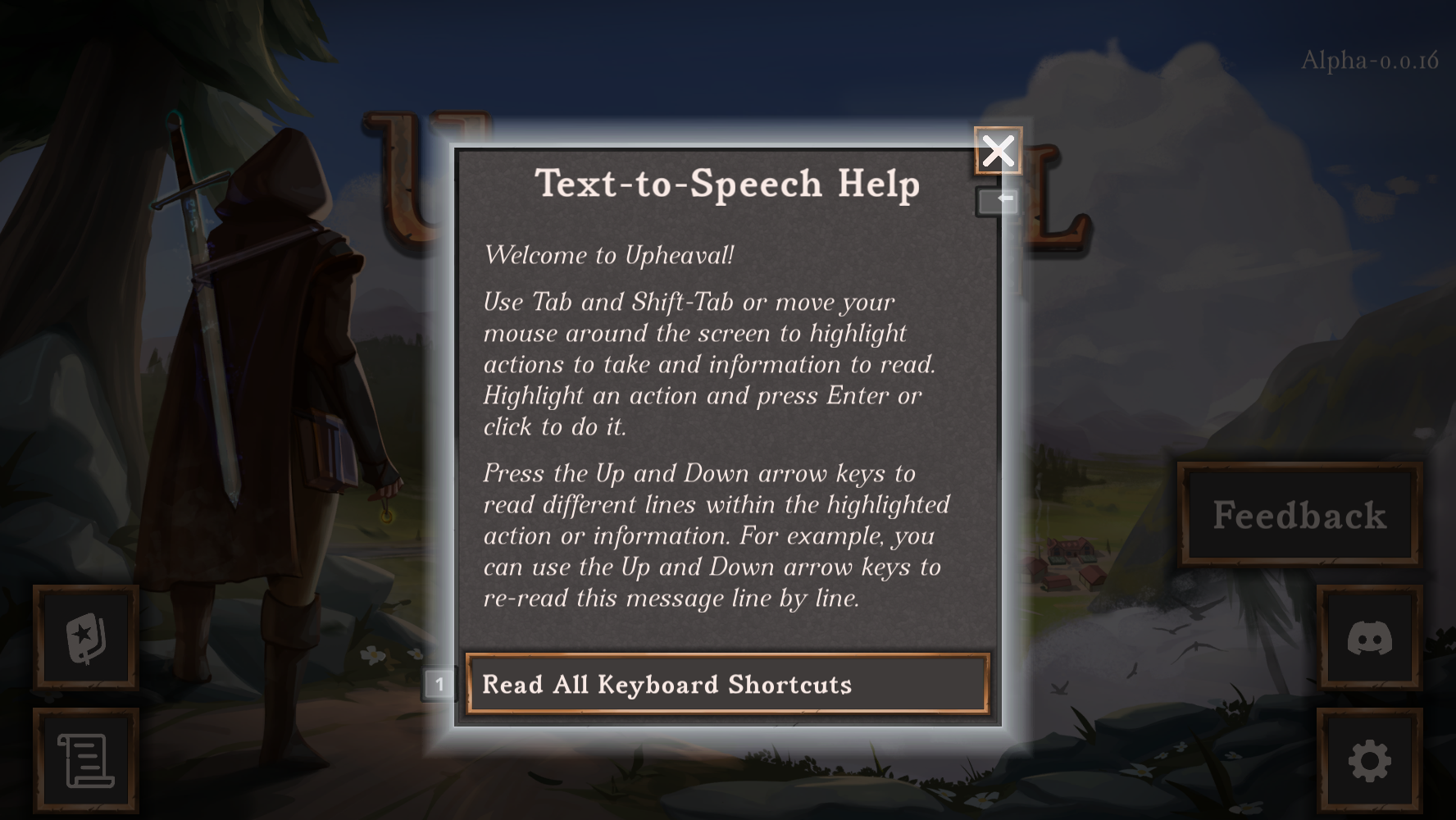 Screenshot of the text-to-speech help menu that shows when text-to-speech is activated