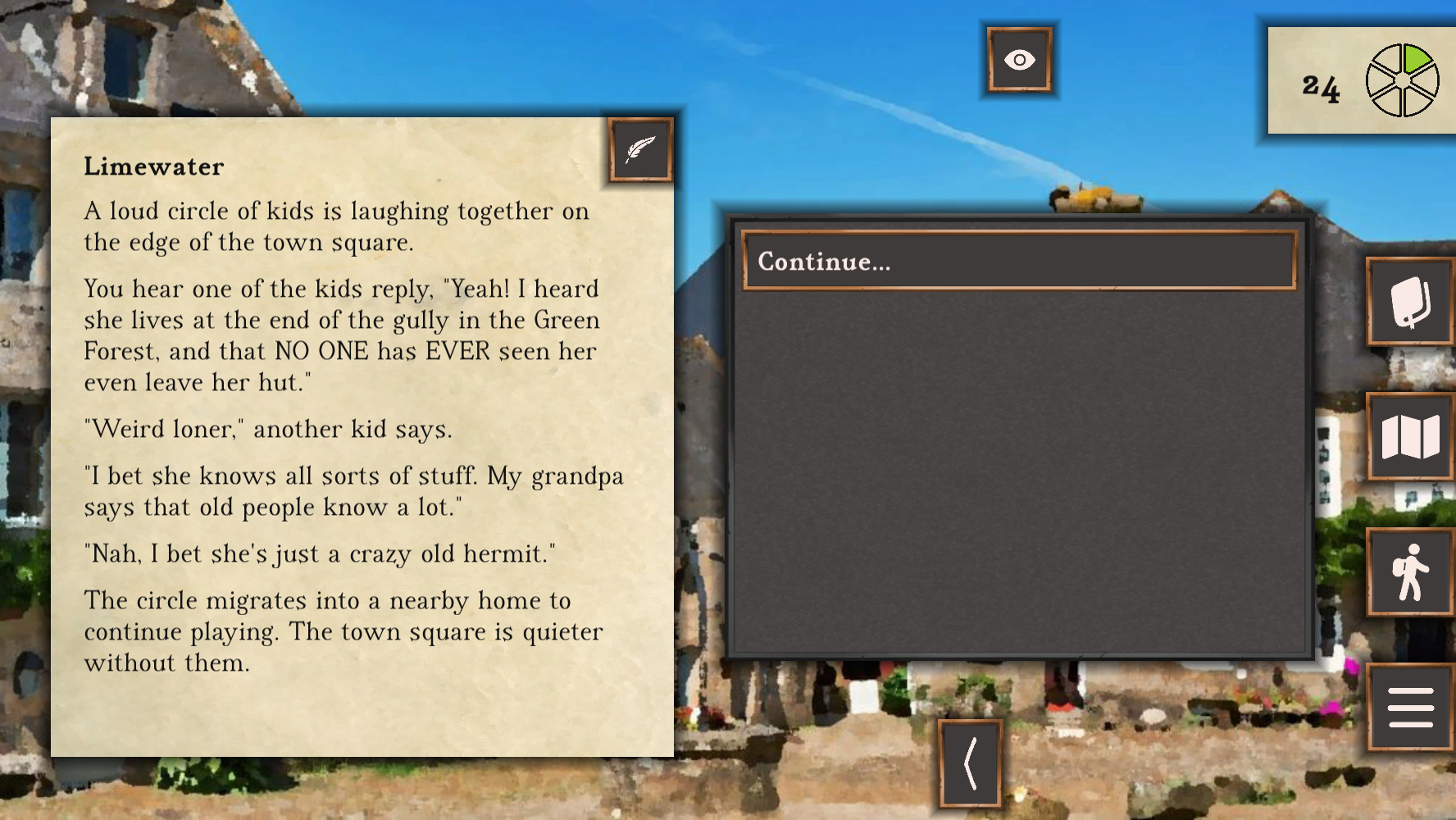 Screenshot of a village event in Upheaval that describes a loud group of kids making fun of or defending the hermit.