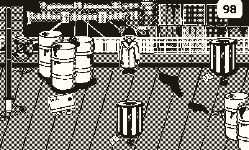 A game screenshot showing Daley trying to sneak past a guard on the docks