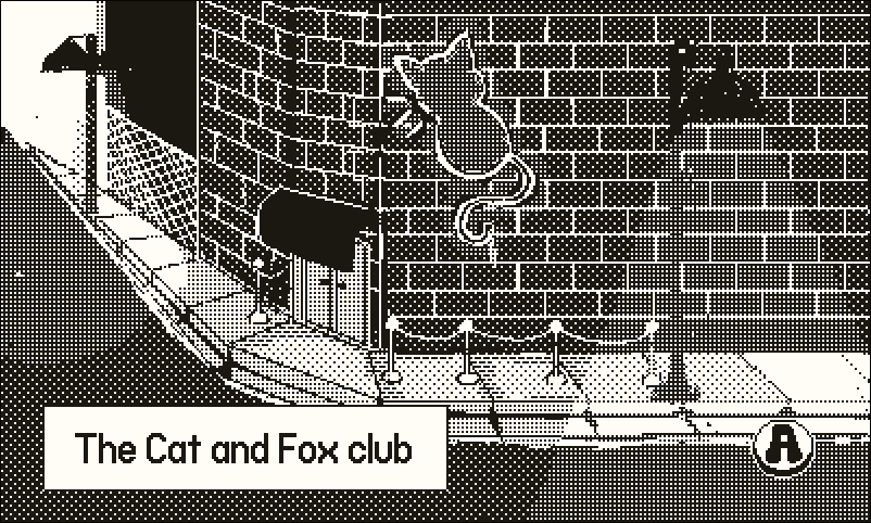 A game screenshot showing a brick building with a neon sign shaped like a cat. The caption in the lower left says “The Cat and Fox Club”