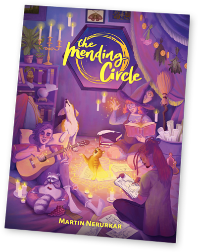 A mockup of the book cover showing three witches in purple and orange, with the title The Mending Circle in yellow