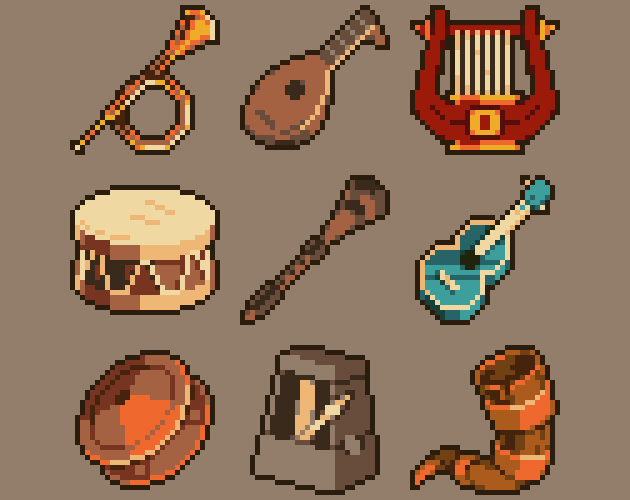 100 Pixel Art Musical Instrument Icons by MedievalMore