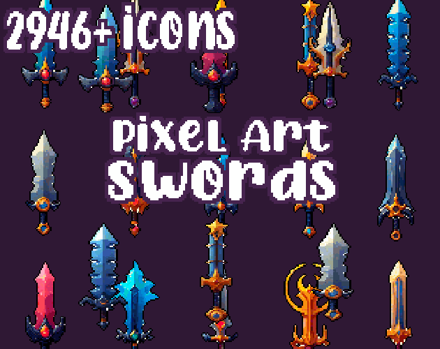 15+ Swords - Pixelart - Icons - High quality: 12 Color Palettes and 8 Resolutions.
