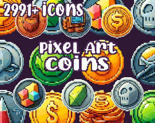 15+ Coins - Pixelart - Icons - High quality: 12 Color Palettes and 8 Resolutions.