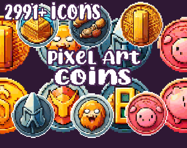 10+ Coins - Pixelart - Icons - High quality: 12 Color Palettes and 8 Resolutions.