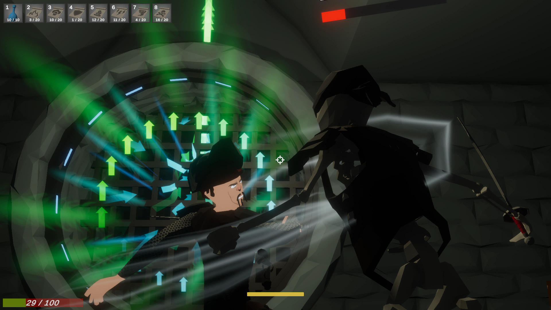 Player battling enemies in front of exit portal