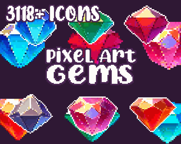 12+ Gems - Pixelart - Icons - High quality: 12 Color Palettes and 8 Resolutions.