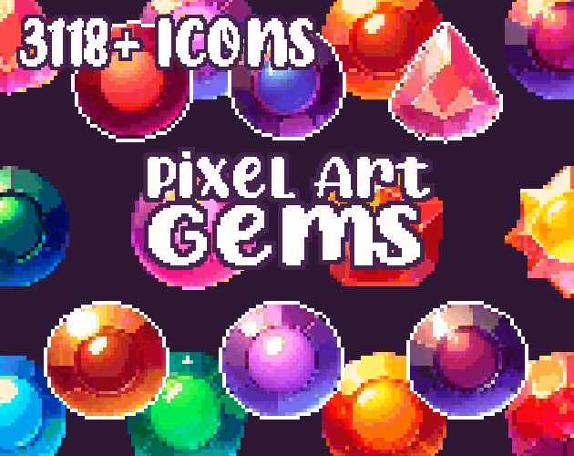 15+ Gems - Pixelart - Icons - High quality: 12 Color Palettes and 8 Resolutions.