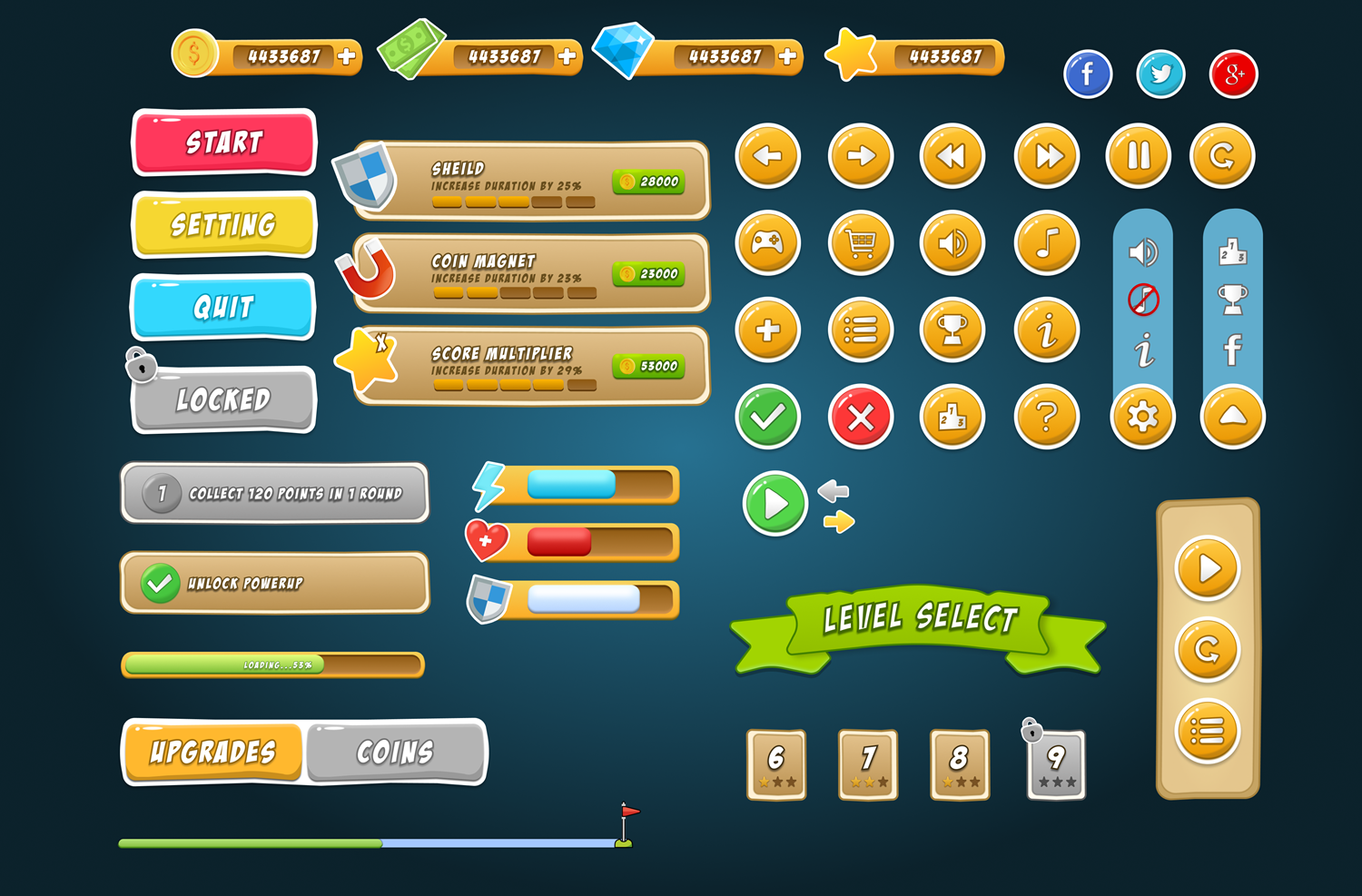 2D mobile game UI KIT with more than 60 elements by TheRustyArt