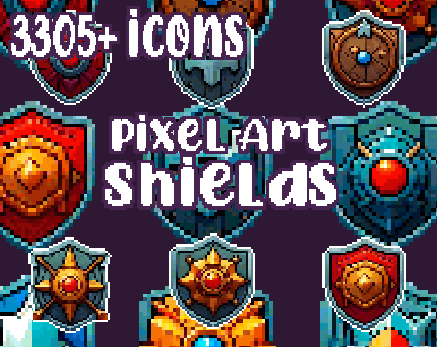 12+ Shields - Pixelart - Icons - High quality: 13 Color Palettes and 8 Resolutions.