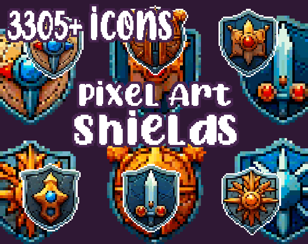 8+ Shields - Pixelart - Icons - High quality: 13 Color Palettes and 8 Resolutions.