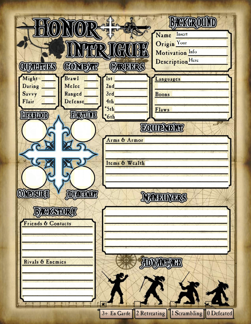 Honor + Intrigue Fillable Character Sheets (Standard) by Basic Action Games