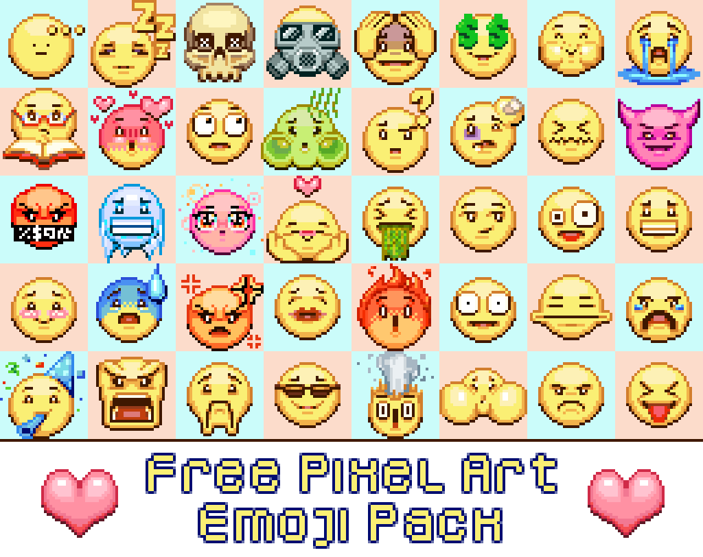Free Pixel Art Emoji Pack by Fava Beans, image size:1024x812