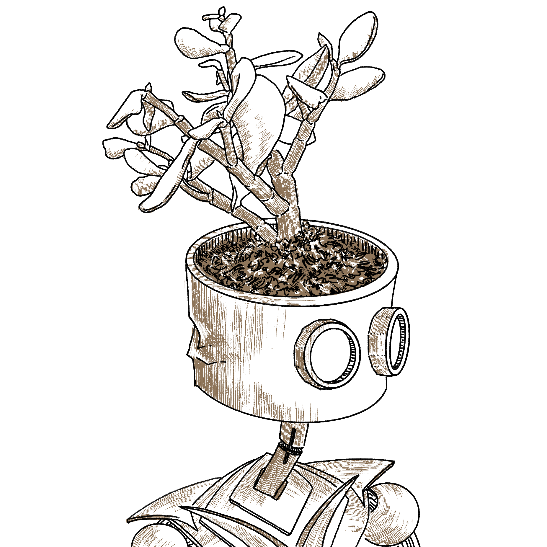 A sepia, white, and black illustration of a robot with a plant growing out of its head