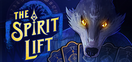 ALT TEXT: The game’s shopkeeper, Dorian Graywolf, has yellow glowing eyes holding a fan of navy blue cards under his wolf snout. The cards have golden accents with an eye in the center and arrows facing up and down coming from the middle of the eye. The logo for THE SPIRIT LIFT is to the left of Dorian. It says, THE SPIRIT LIFT in the same yellow glow as Dorian’s eyes with the first I in SPIRIT mimicking an elevator dial with a blue atmospheric outline of the elevator dial with the actual dial behind it.