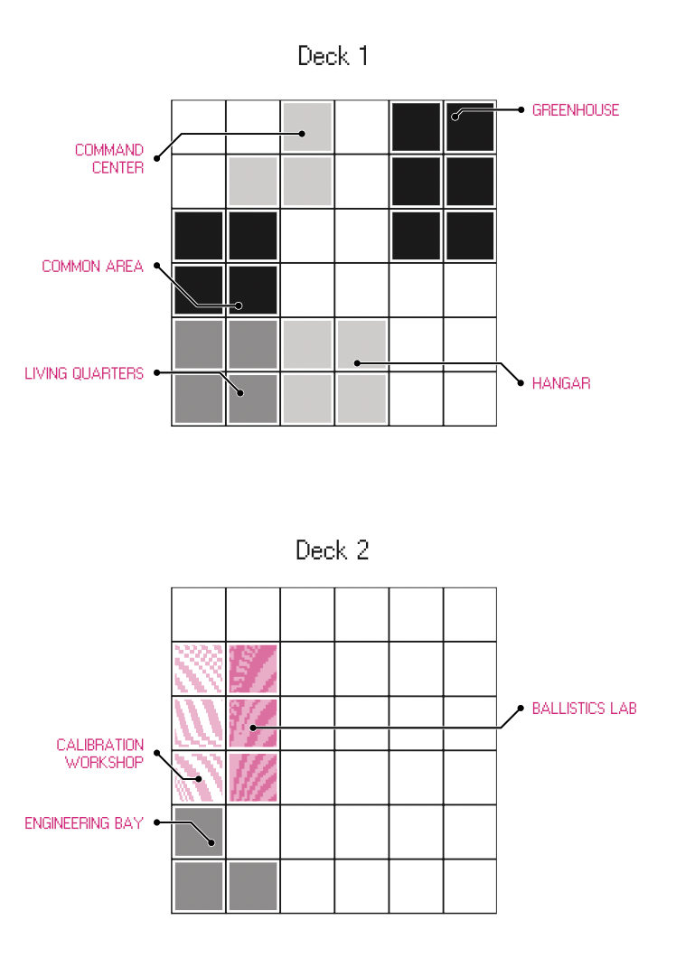 Two 6 by 6 grids, labeled Deck 1 and Deck 2. One of them has some geometric shapes listed as Command Center, Greenhouse, Common Area, Living Quarters, and Hangar. The other has some shapes listed as Engineering Bay, Calibration Workshop, and Ballistics Lab.