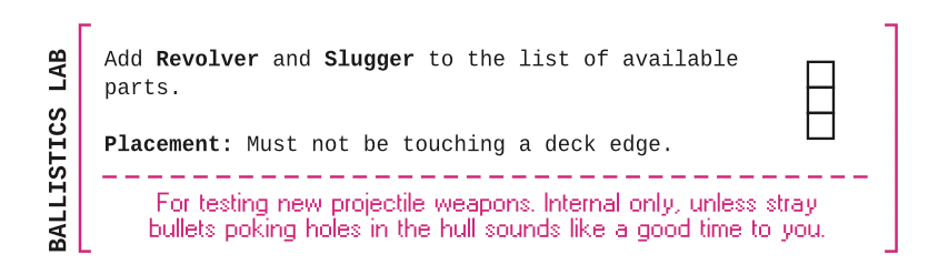 Ballistics lab structure block, indicating that it lets players build a revolver and slugger, and that it must not be placed on a deck edge. The building is 3 squares big. The text underneath says: For testing new projectile weapons. Internal only, unless stray bullets poking holes in the hull sounds like a good time to you.