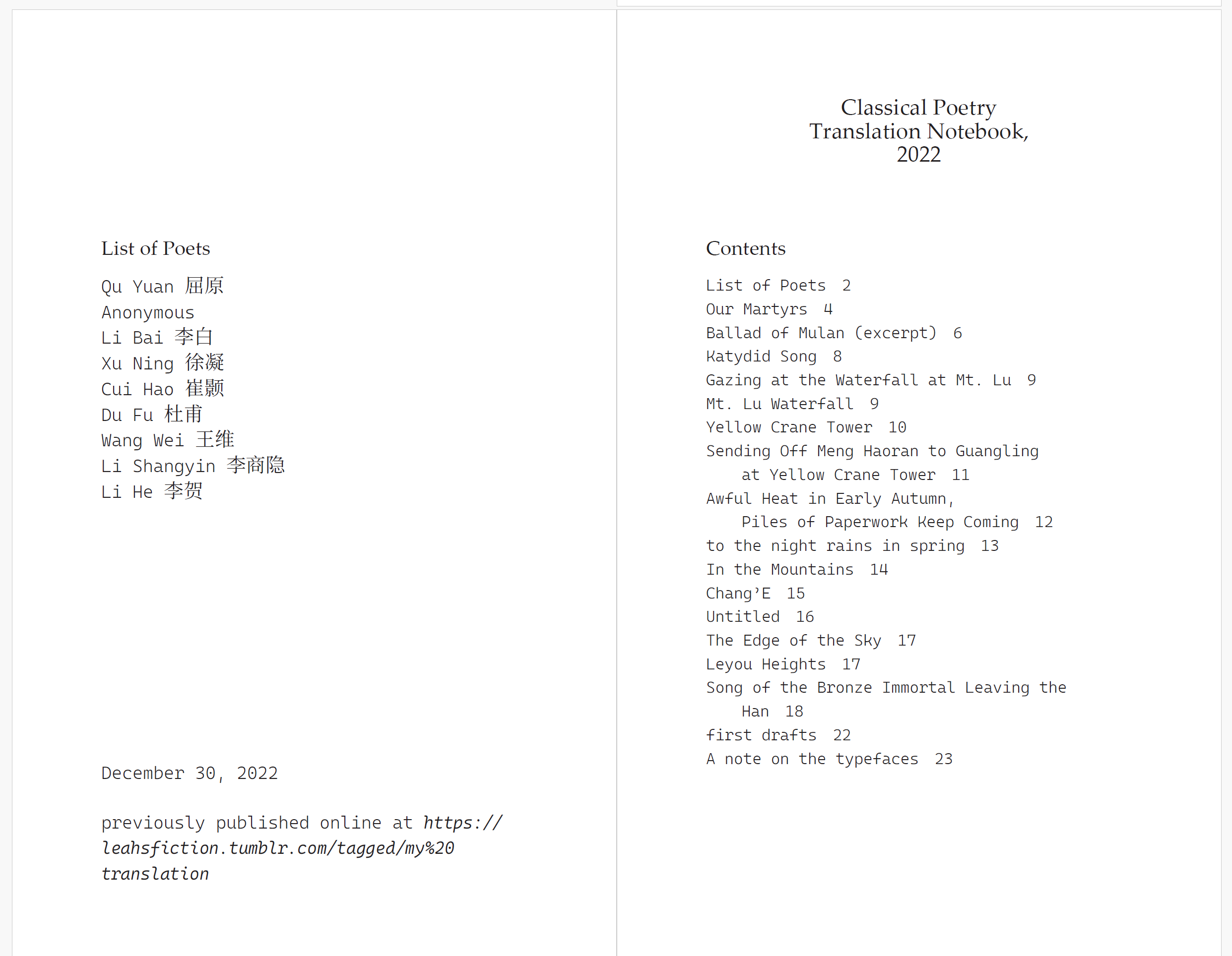 two-page spread: List of Poets on the left, "Classical Poetry Translation Notebook" and list of poem titles on the right.