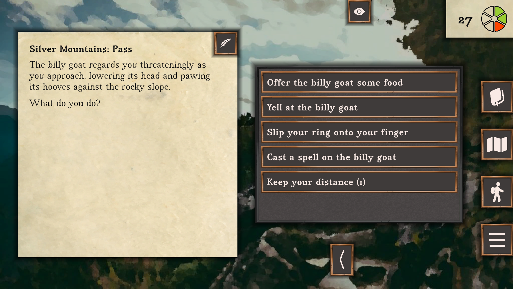 Screenshot of the billy goat encounter and options like offer the billy goat food, yell at the billy goat, slip your ring onto your finger, cast a spell on the billy goat, and keep your distance (1 time)