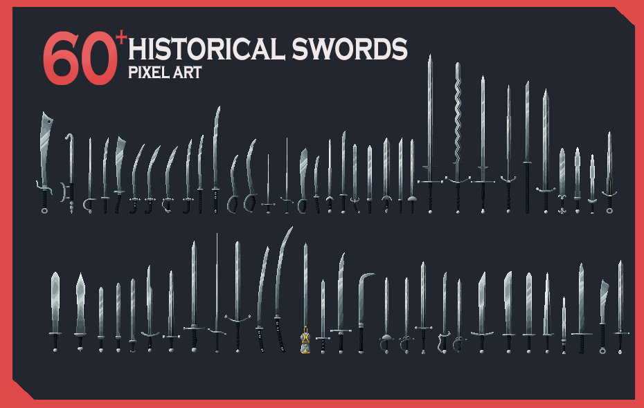 60+ Historical Weapons Pixel Art Game Assets Pack