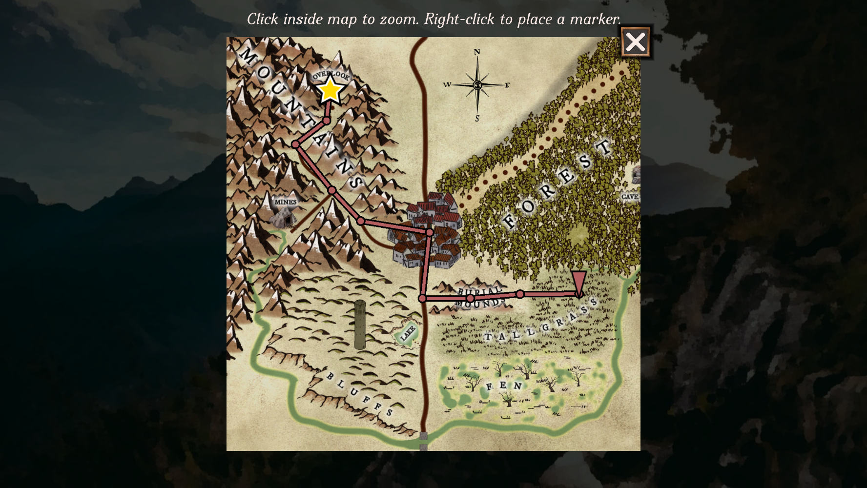 Screenshot of the map in Upheaval with the player’s location marked with a star at the overlook in the mountains, the map marker set in the tallgrass east of the burial mounds, and a snaking path highlighted between them