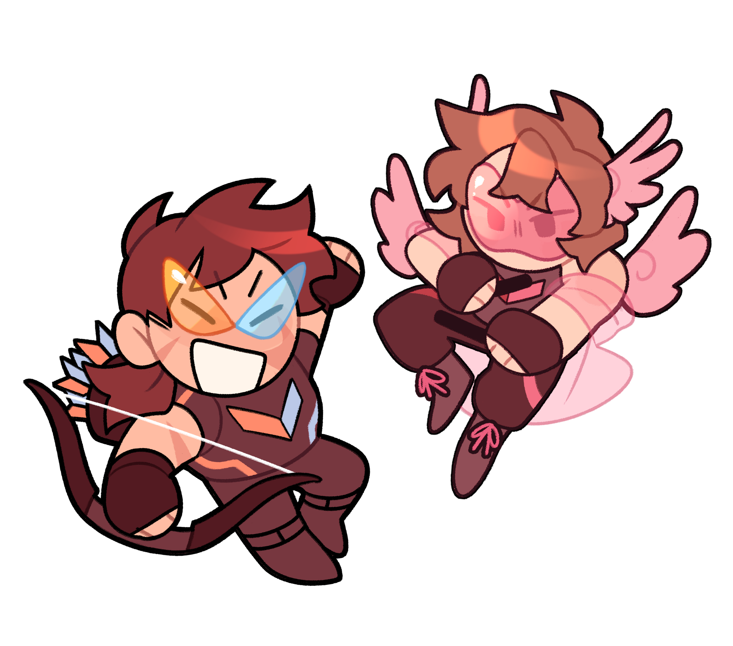 Small, stylized illustrations of Hotguy and Cuteguy in soft, light colors. Hotguy is cheering and holding his bow victoriously, and Cuteguy is hovering higher with pink wings holding Double Escrima Sticks with a focused expression.