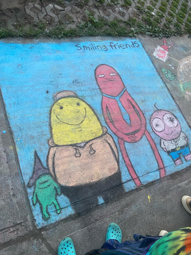 smiling friends in the style of a weezer album on a sidewalk