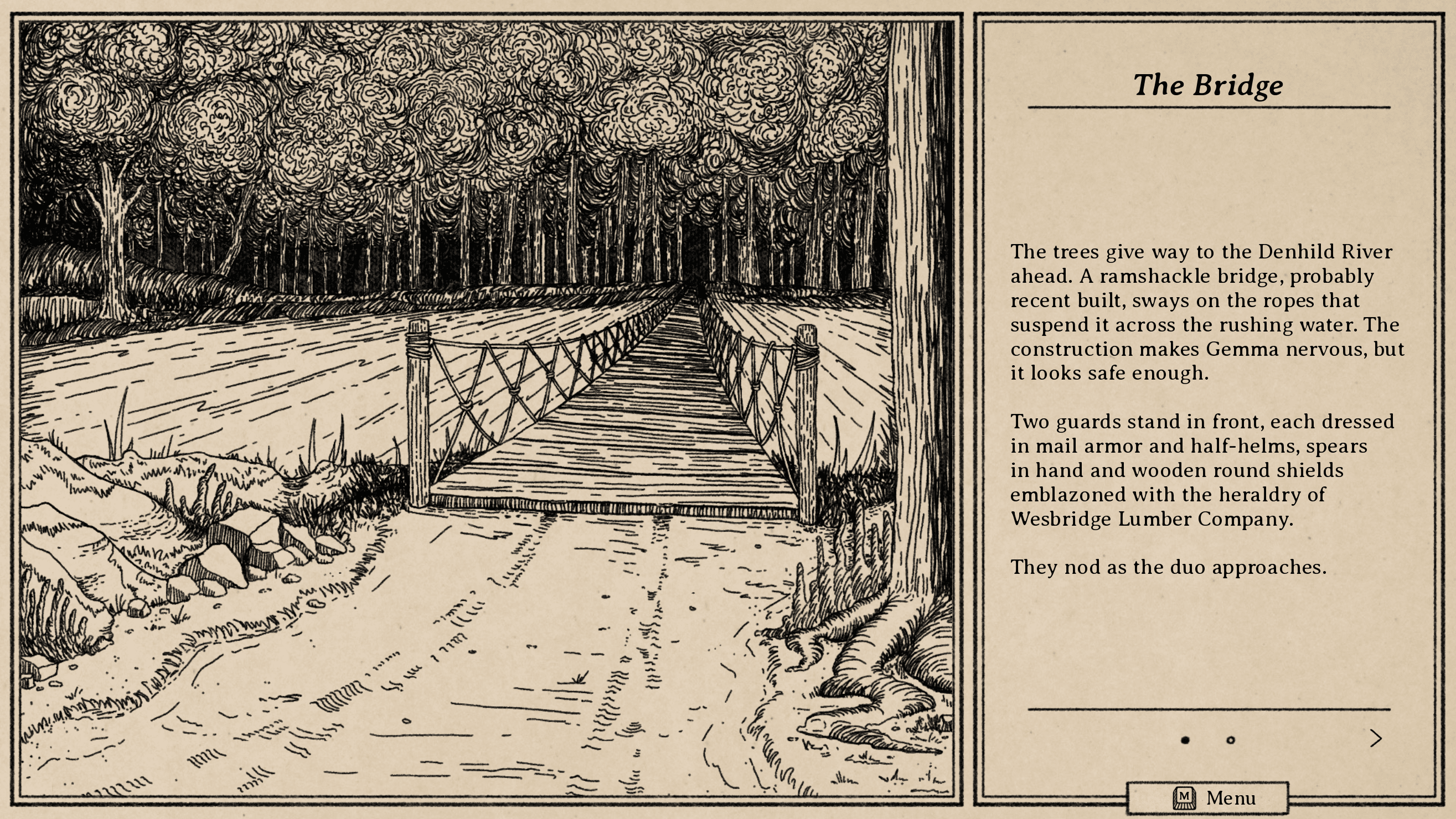 A typical scene, which shows text describing the action and setting alongside a hand-drawn illustration