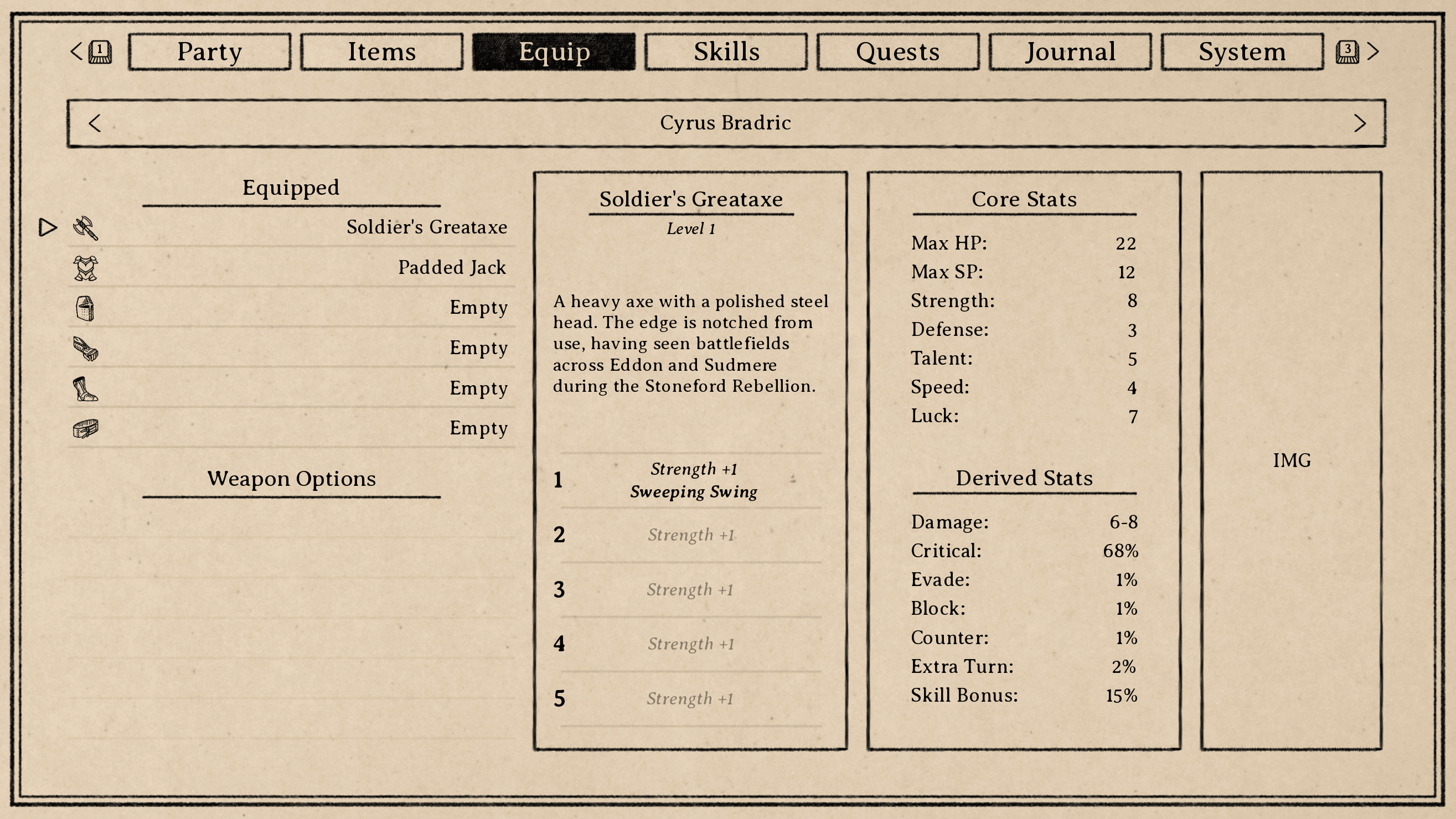 The in-game player menu with the "Equipment" tab selected. A wide variety of items, descriptions, and statistics are displayed across a few different UI boxes.