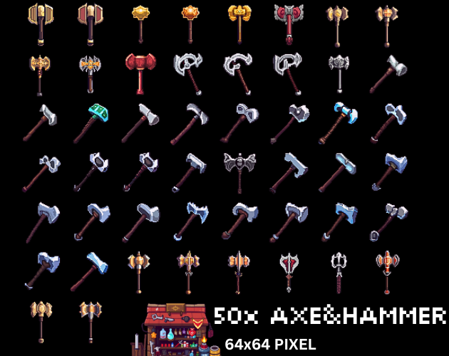 50x Hammer & Axe PIXEL ART 64x64 PIXEL by PIXEL_1992