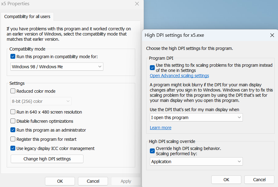 X5 Compatability Settings