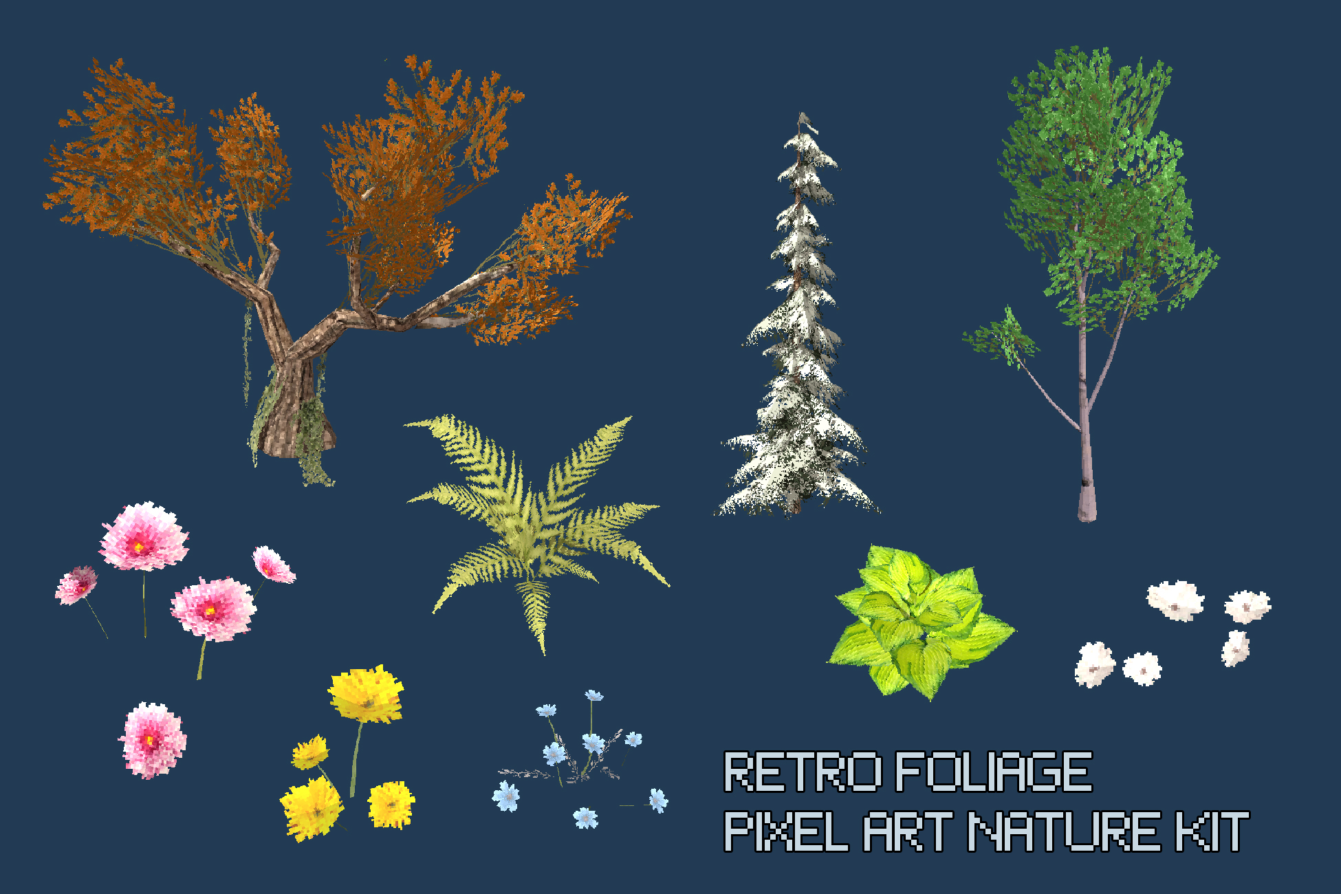 3D Retro Foliage Pixel Art Nature Kit