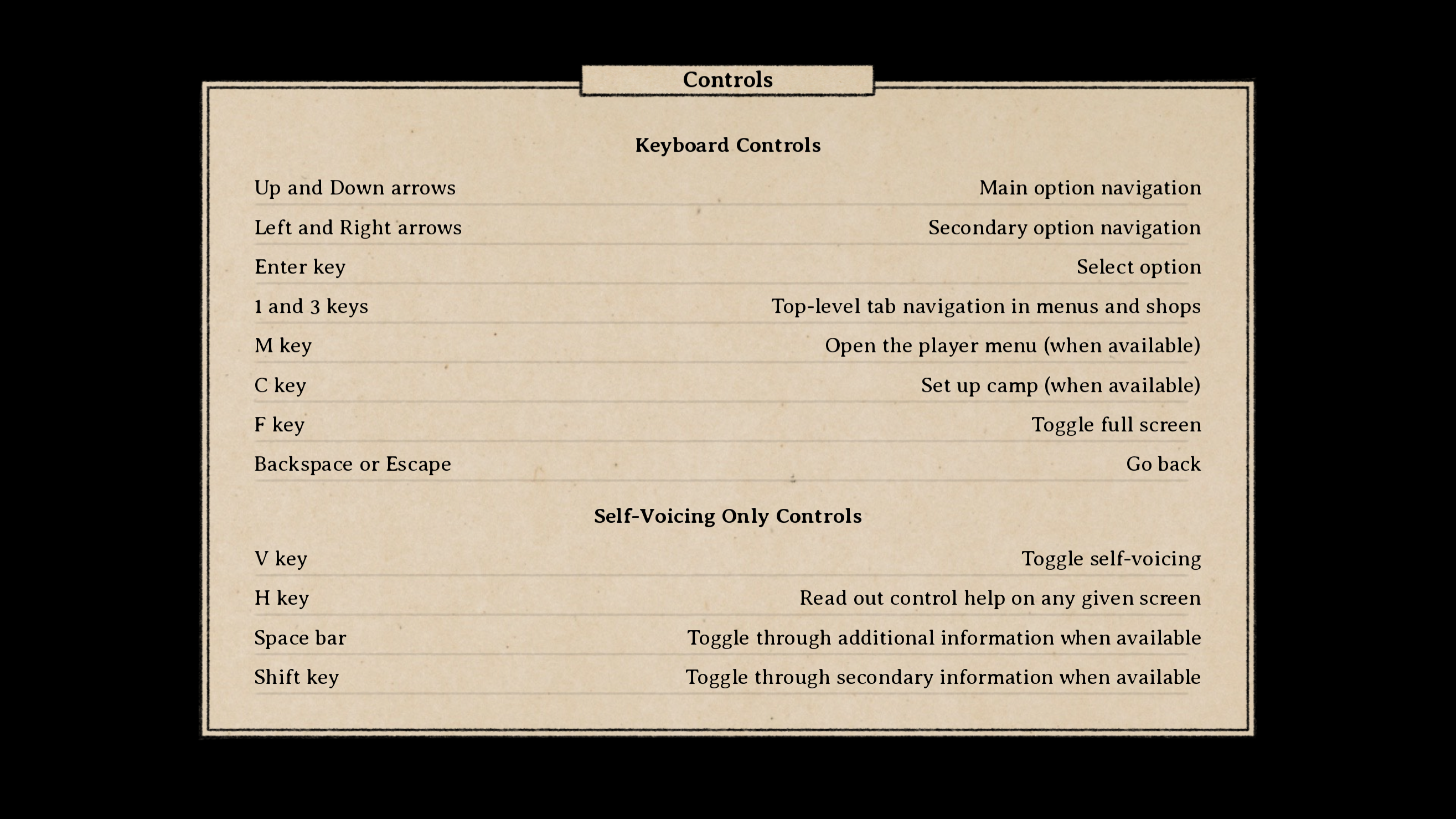 A full list of controls, both basic and self-voicing only, that can be viewed while setting up a new game