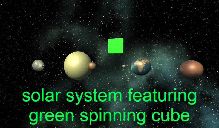 Solar system featuring Green Spinning Cube by FoobleTheGoblin