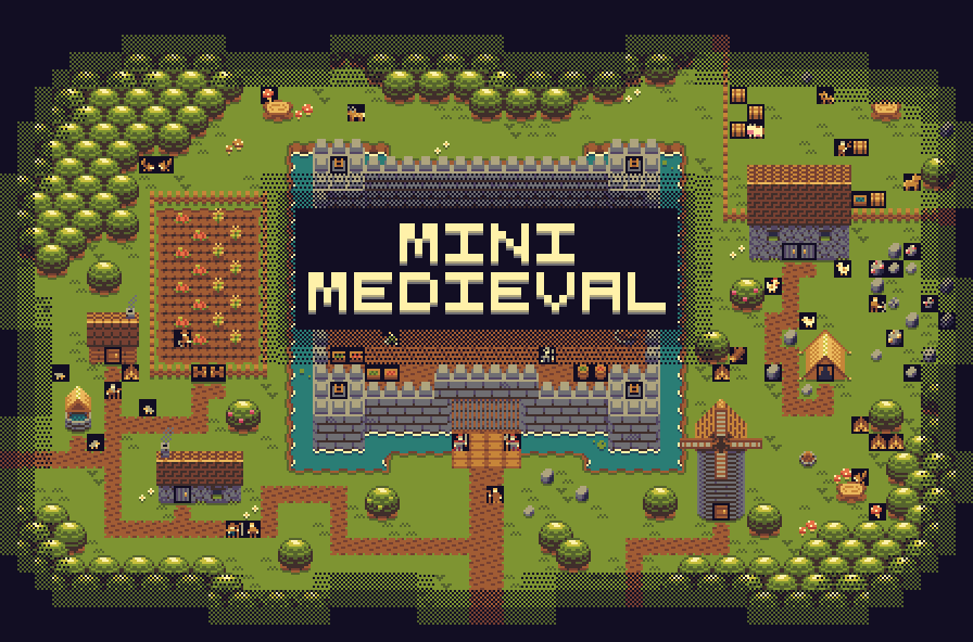 Pixel art medieval village with castle, moat, houses, trees, and large text reading 'Mini Medieval' at center.