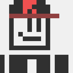 A blocky man with a simple smile and a black cap with a red visor and a red letter R as its logo