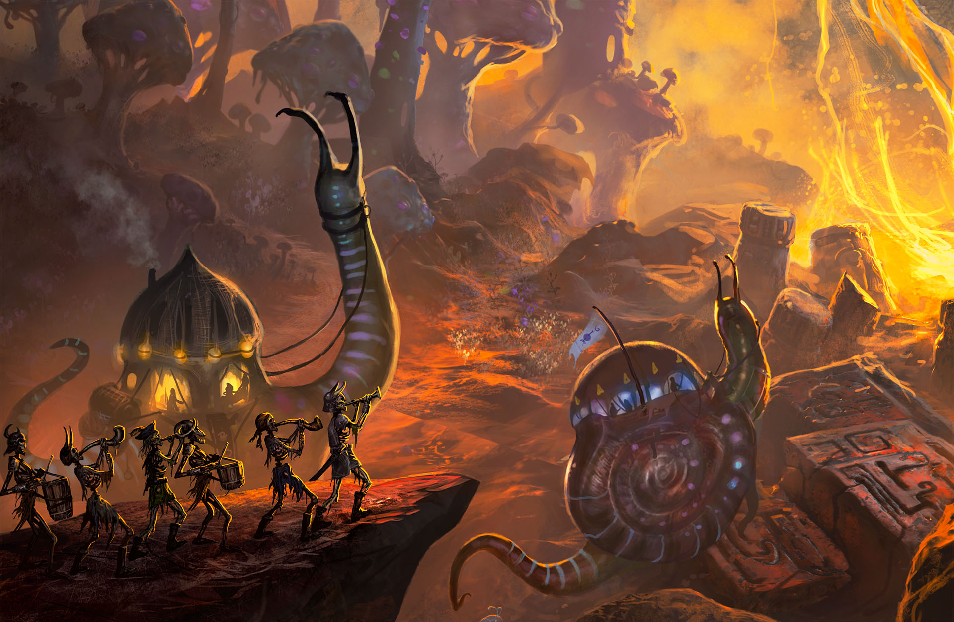 Original artwork showing strange creatures overlooking a fiery underground landscape.