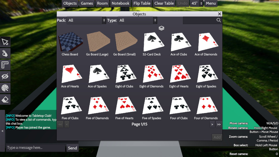 The current objects menu showing a grid of objects that can be added to the room