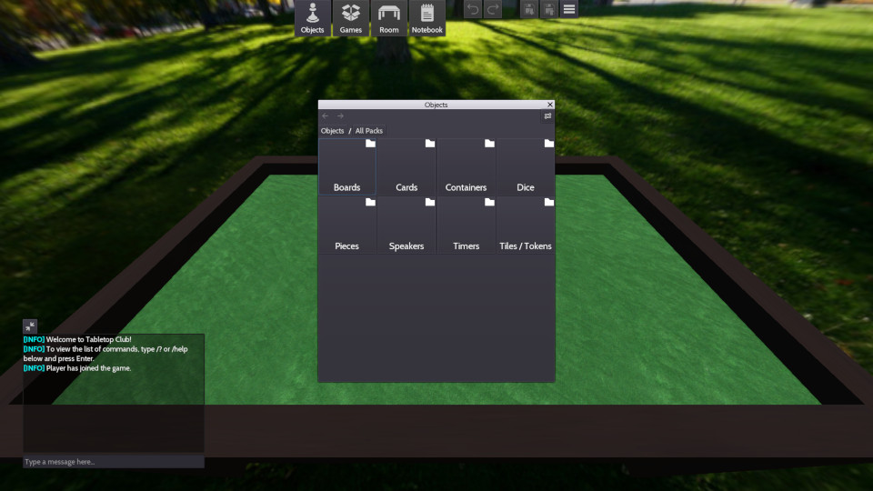 The new objects menu, with back and forward buttons, a breadcrumb showing the current directory, and a grid of buttons showing different categories such as Cards or Dice