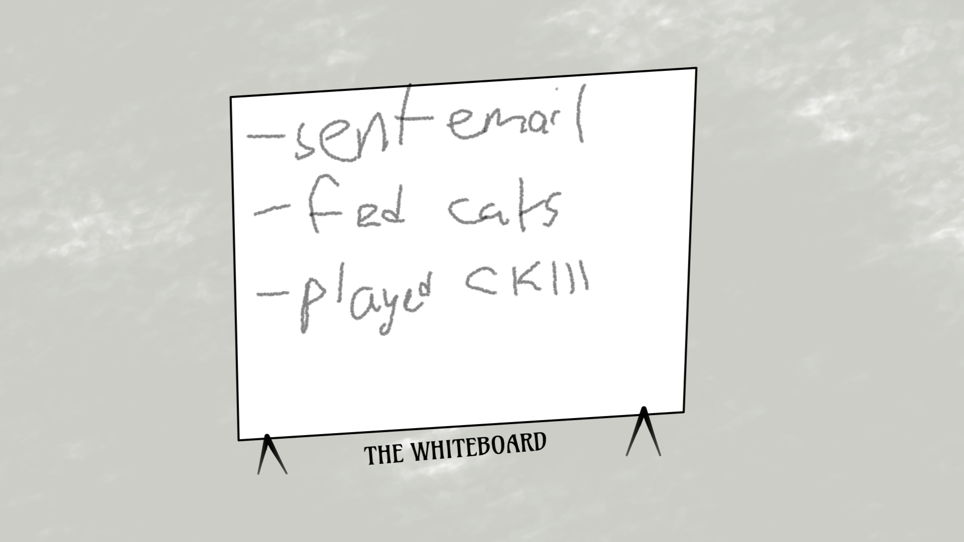 It's an image of a crudely drawn whiteboard. Written on it is a checklist: -sent email -fed cats -played CKIII