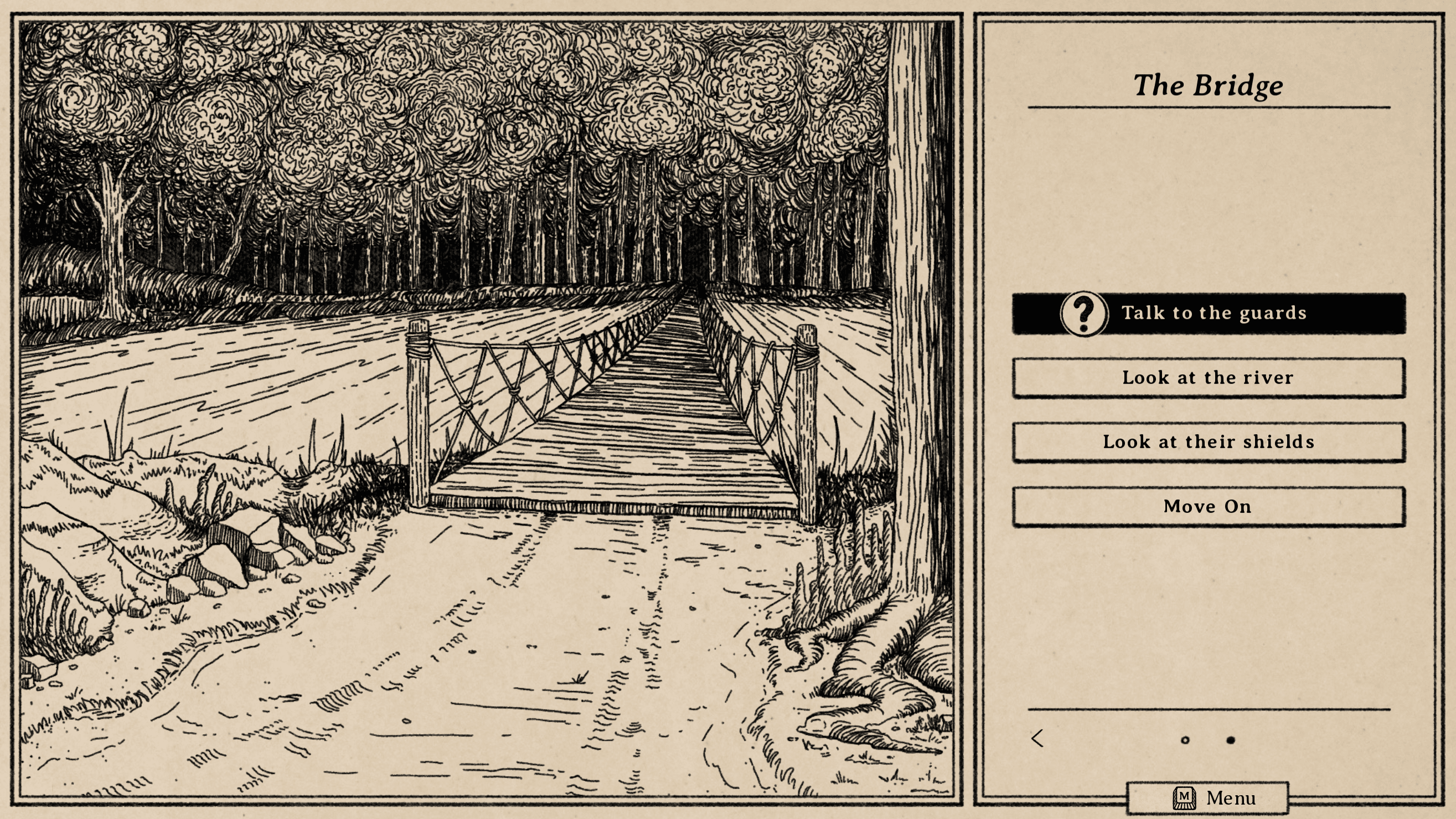 A screen showing a bridge illustration on one side and a view navigation options on the other, one of which says "Talk to the guards" and is marked with a question mark icon