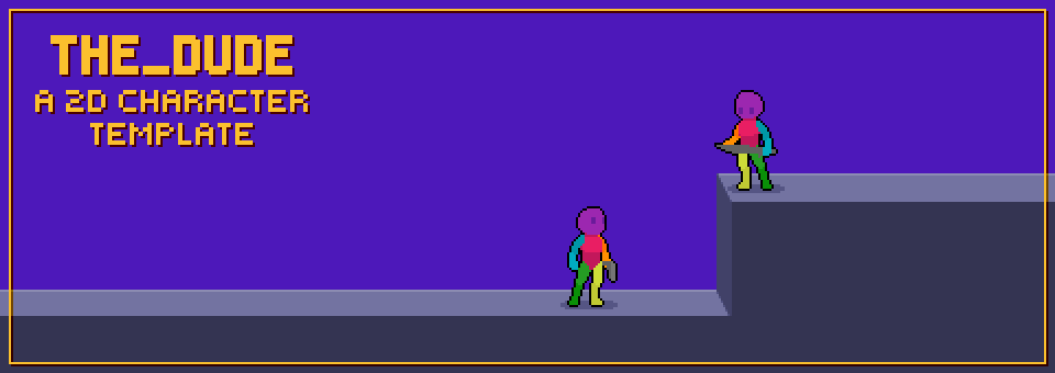 Pixel art banner with two colorful humanoid characters on platforms and yellow text on a purple background.