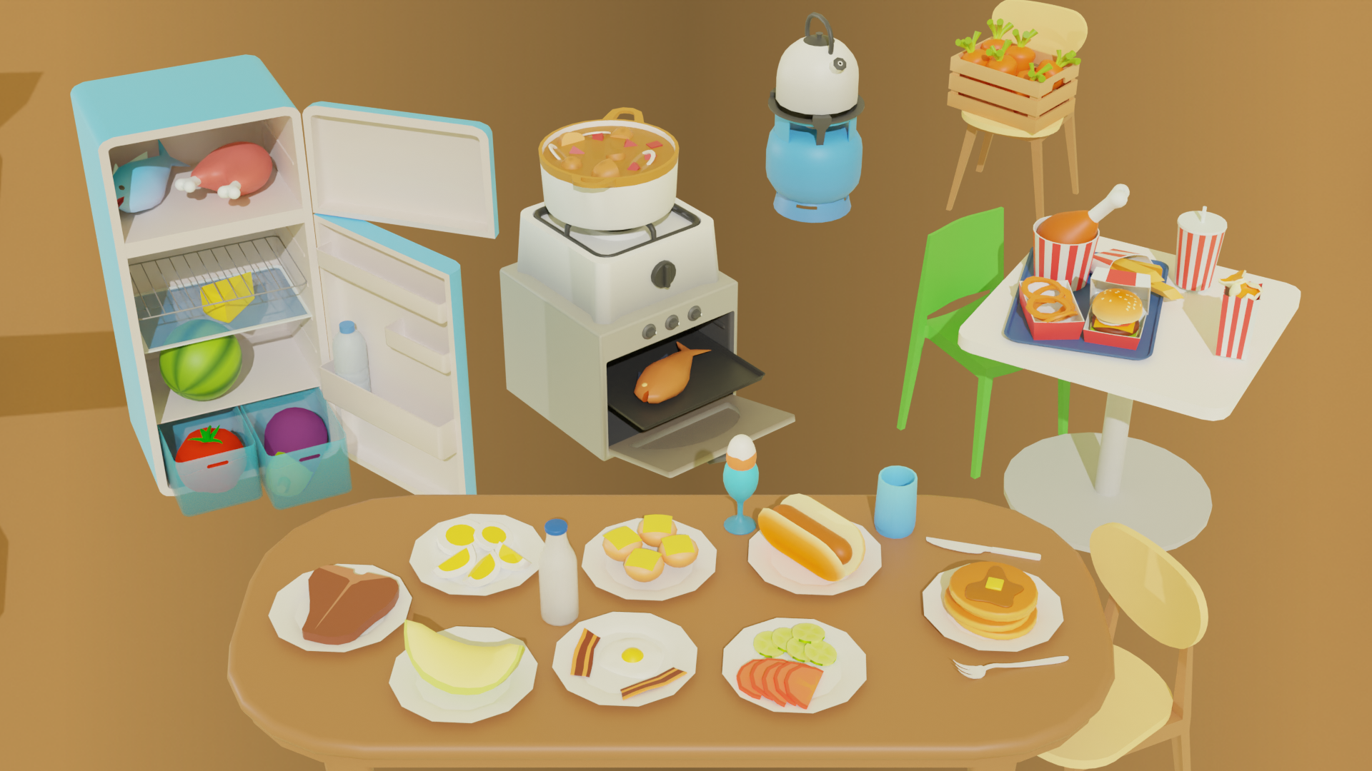 Toony Kitchen & Ingredients Models