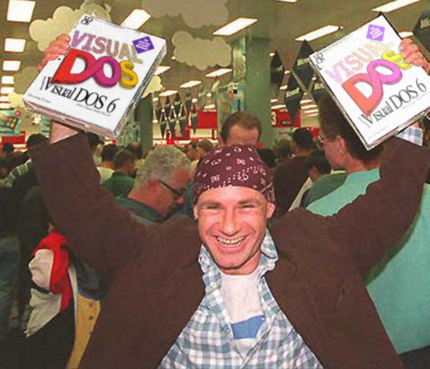 An iconic Windows 95 release date image, where a guy in a bandanna holds up two copies of Windows 95, but in this image it’s Visual DOS 6