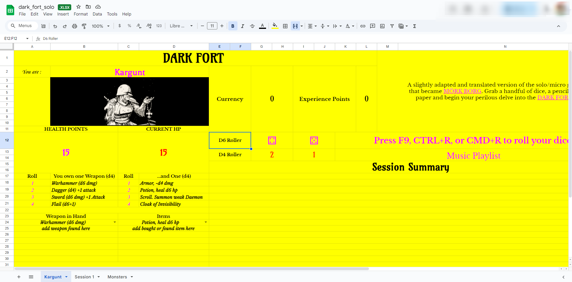 Dark Fort RPG Excel Sheet