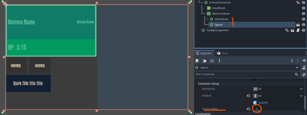 screenshot of Godot engine showing the animon HP and stats component divided by different colored areas. Beside it is a screenshot of the inspector showing two objects in a vbox container and the stretch ratio of a spacer set to 2