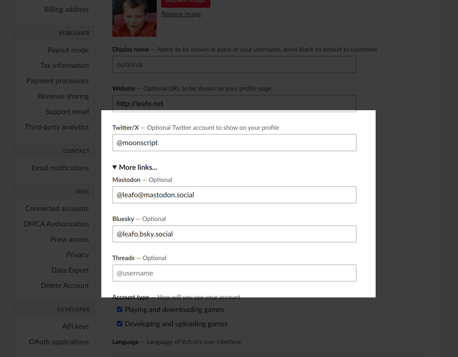 Screenshot of new profile link fields