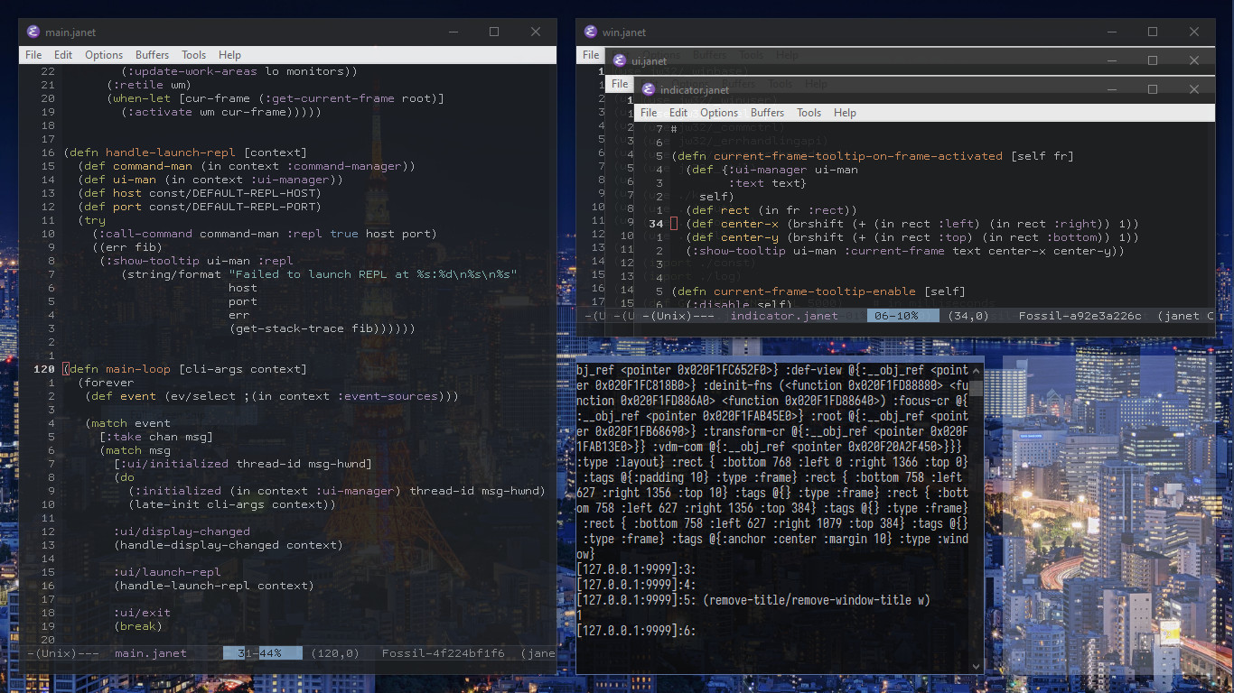 Jwno managing some Emacs frames, and it’s own REPL window.